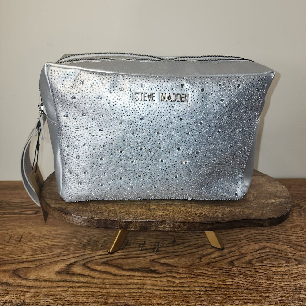 Steve Madden Silver Rhinestone-Studded Zip-Around Cosmetic Bag